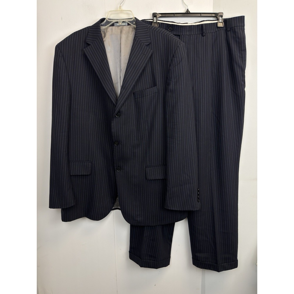 Oscar De La Renta 2 Piece Navy Stripe Wool Suit‎ 48L Jacket 40X31 Pleated Pants